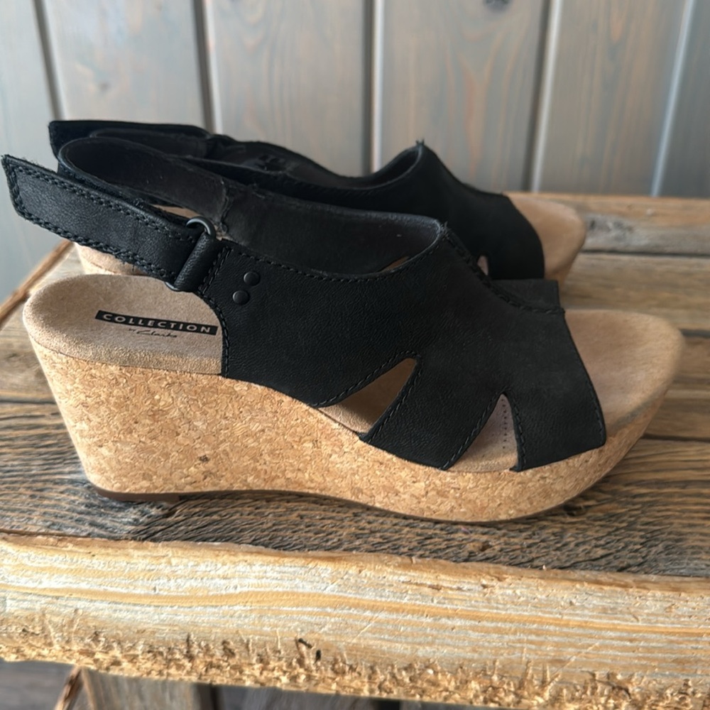 Clarks Black Wedge Sandals with Cork Platform
